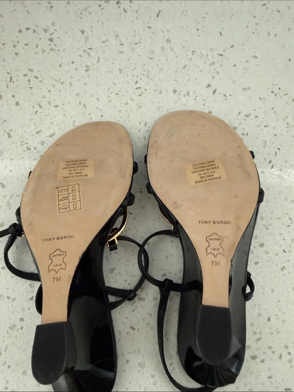 Tory Burch Capri Miller Strappy Wedge Sandals Perfect Black Gold Medallion